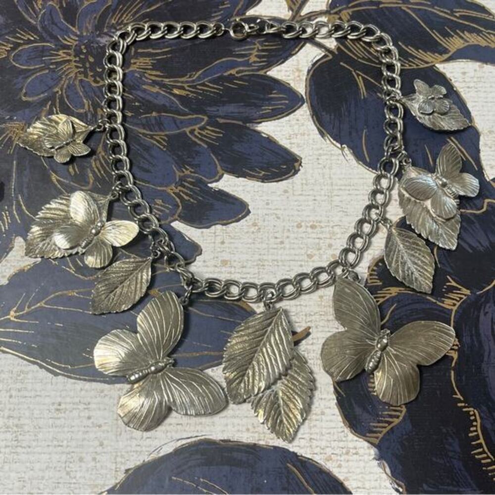 Vintage Antiqued Silver Artisan Butterfly and Leaf Charm Statement Necklace D2